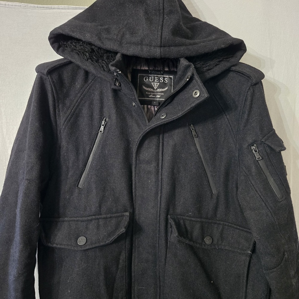 Guess Mens L Wool Blend Full‎ Zip Gray Military Style Jacket Coat Puffer Lined